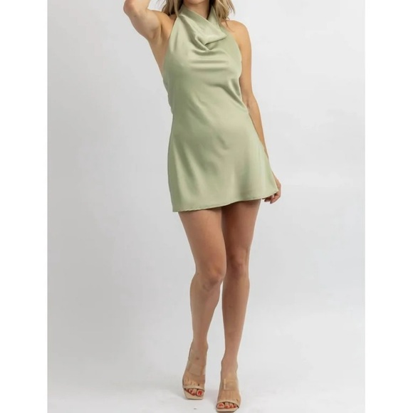 LE LIS Satin Sage Green Cocktail Hour Halter Dress - Picture 4 of 9